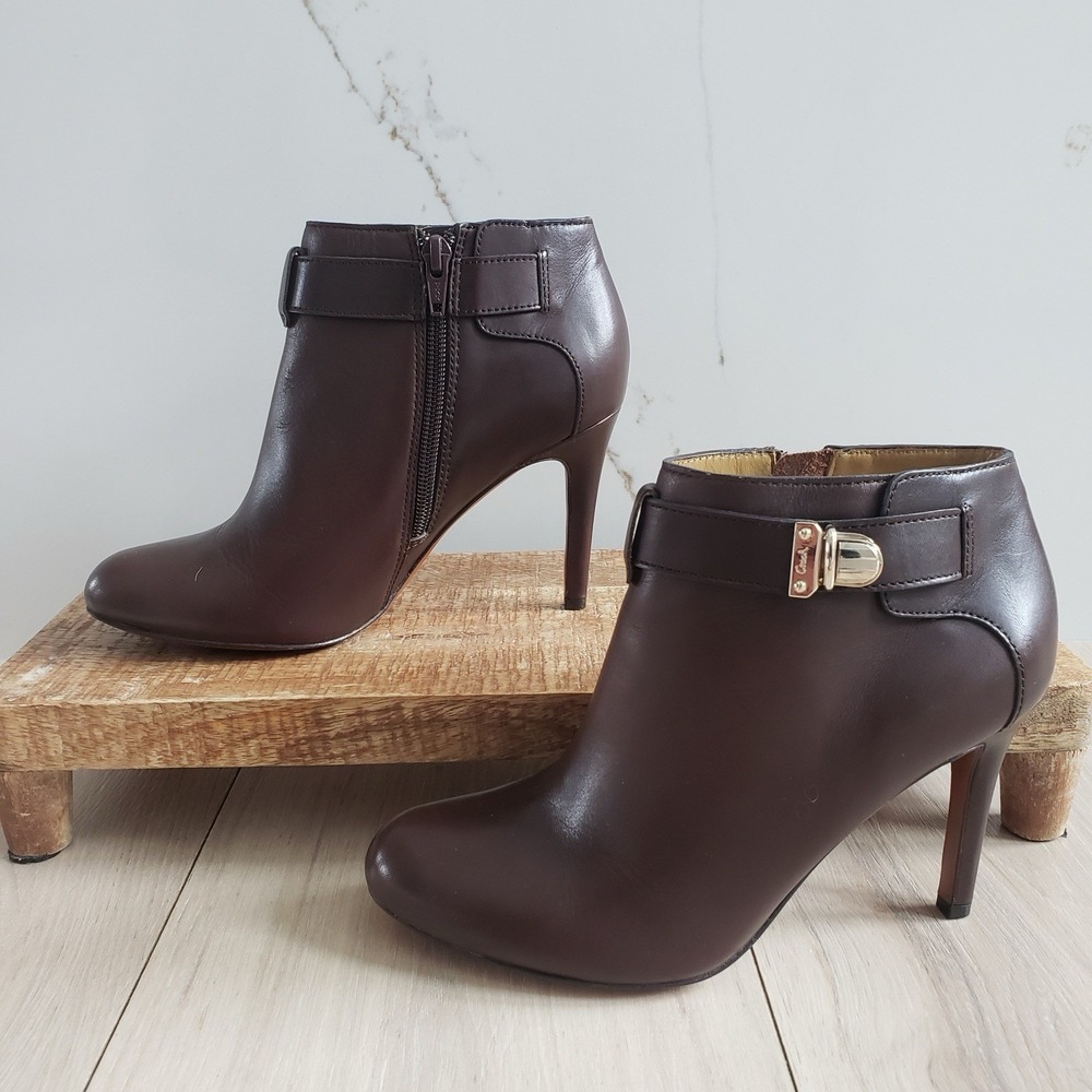 Coach Boots Womens 6.5 Brown Sondra Leather High‎ Heel Belted Booties